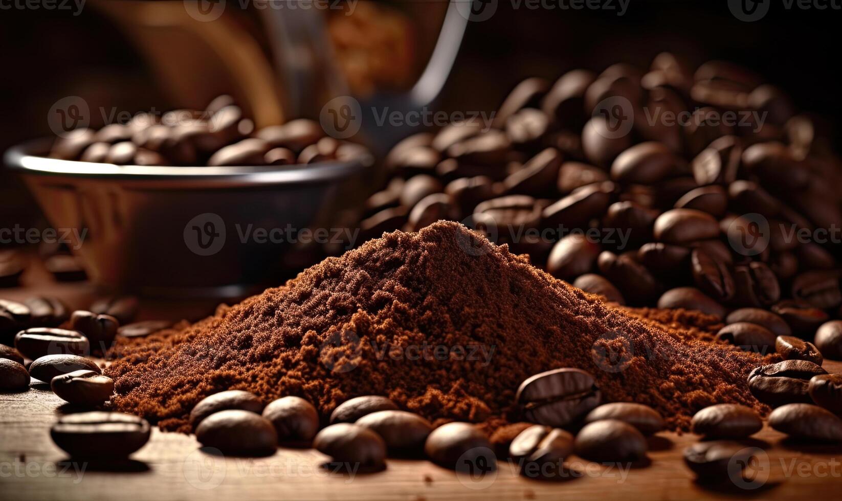 caffè fagioli e terra caffè su di legno sfondo. selettivo messa a fuoco. ai generativo foto