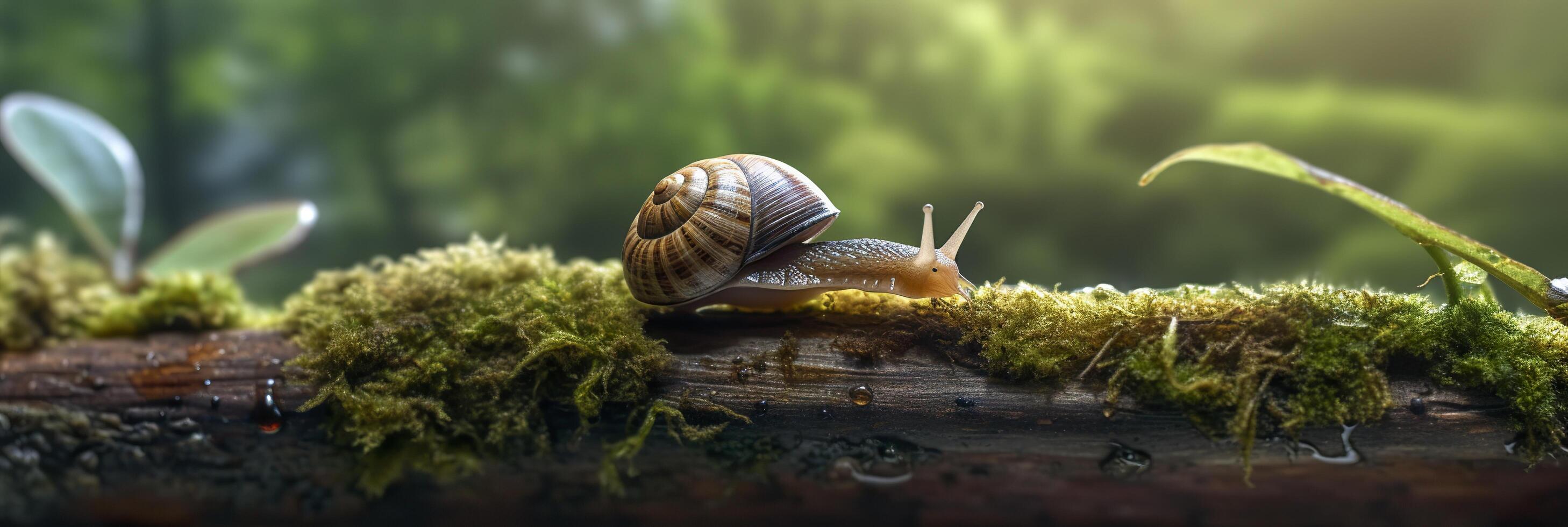 un' viaggio attraverso il foresta. avvicinamento di un' lumaca nel il foresta con naturale sfondo. ai generativo foto