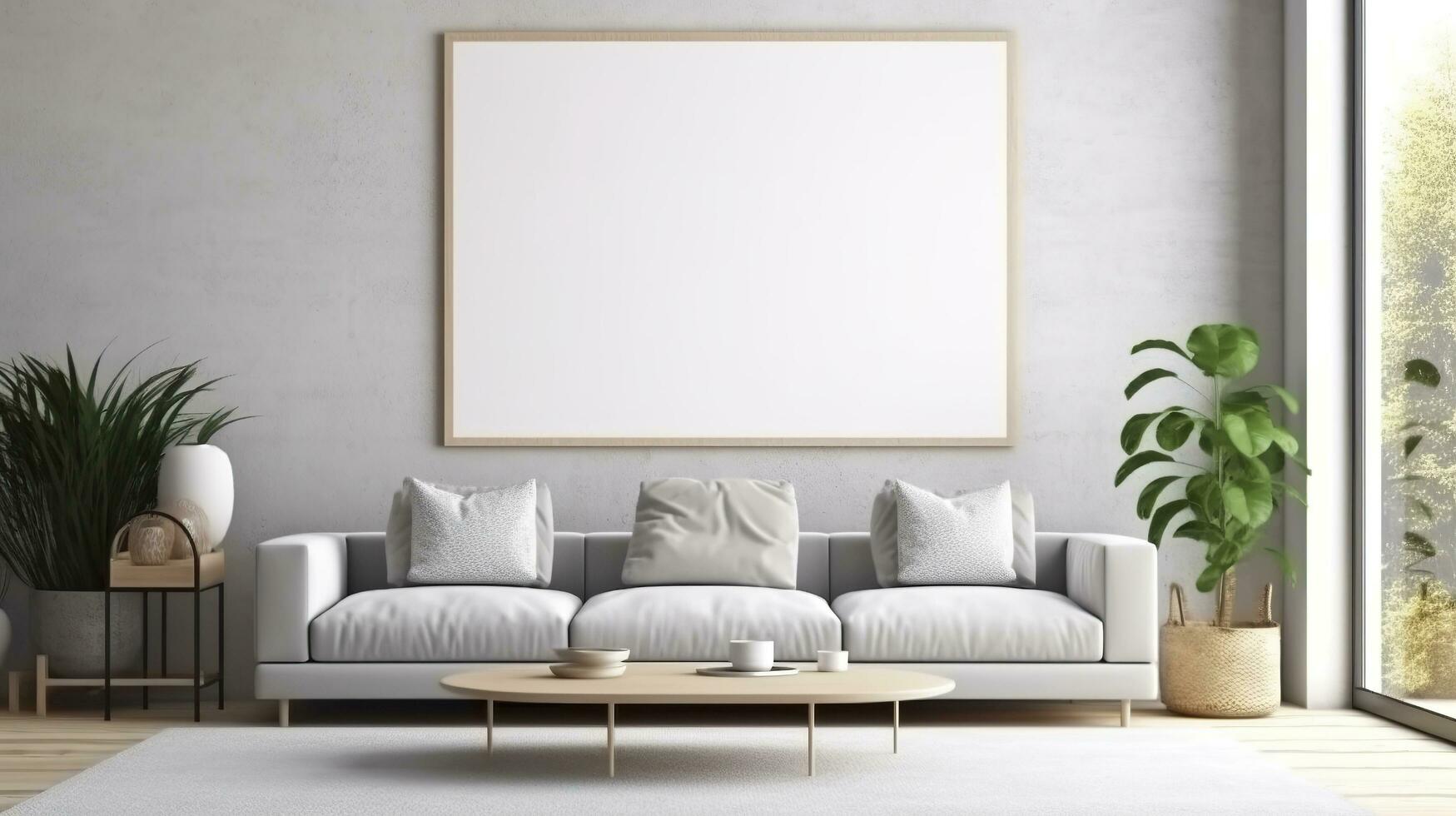 moderno accogliente finto su e decorazione mobilia di vivente camera e vuoto tela telaio su il bianca parete struttura sfondo, 3d resa. ai generativo foto