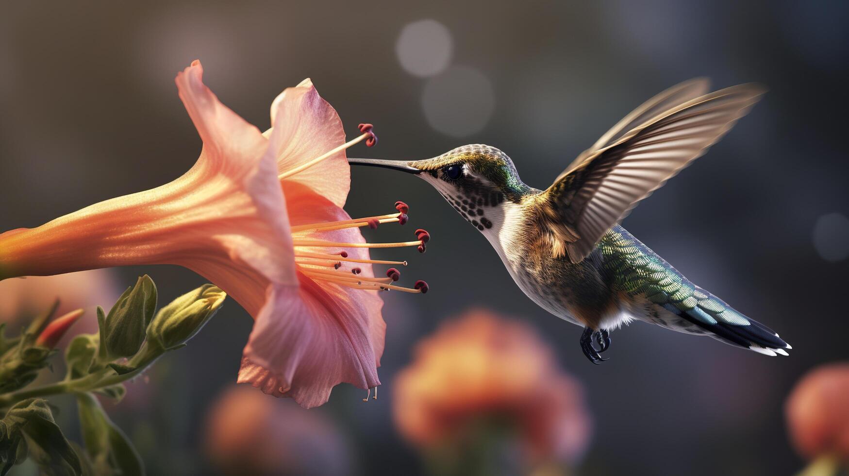 colibrì volante per raccogliere su nettare a partire dal un' bellissimo fiore. digitale opera d'arte. ai generativo foto