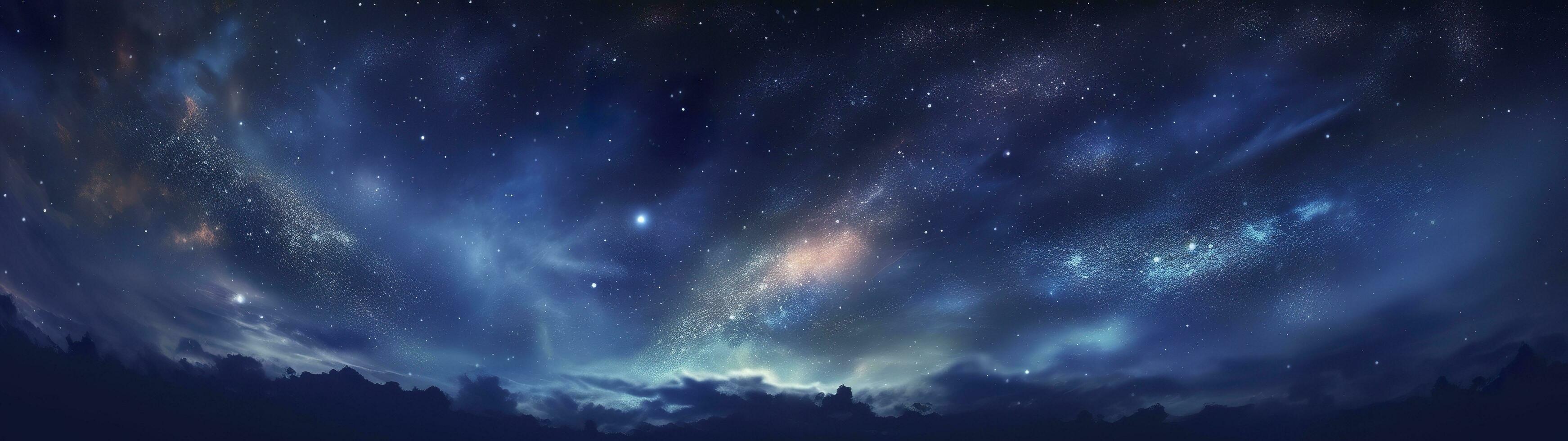 panorama buio blu notte cielo, latteo modo e stelle su buio sfondo, universo pieno con stelle, nebulosa e galassia, ai generativo foto