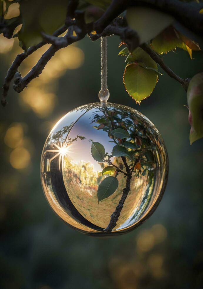 vicino su, foto di un' specchio Mela sospeso nel un Mela albero, ai generativo