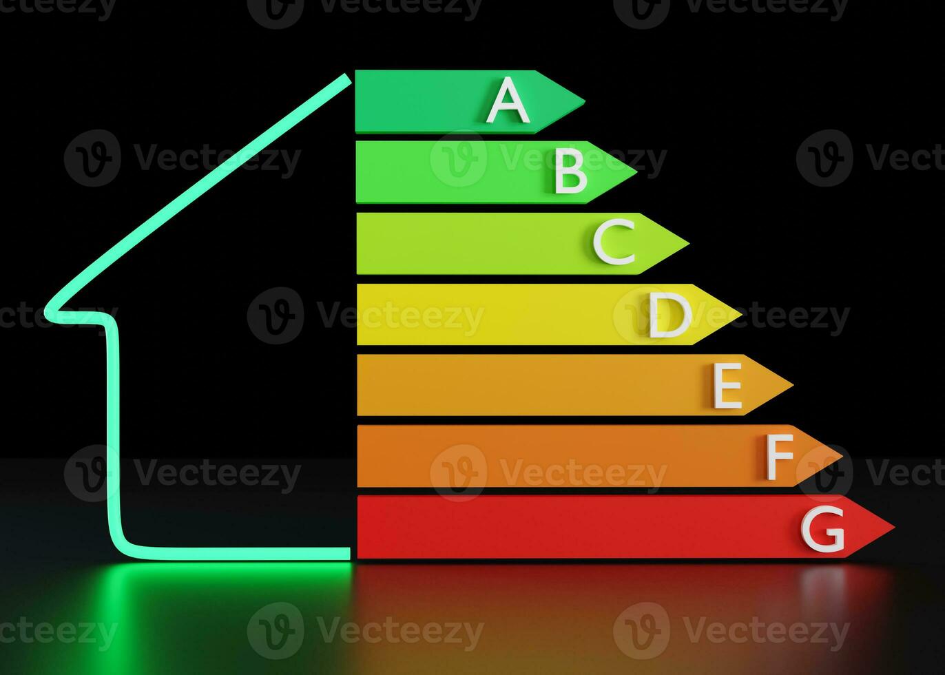 energia efficienza valutazione grafico e Casa su nero sfondo. ecologico e bio energico casa. energia classe, prestazione certificato, valutazione grafico. eco amichevole, energia Salvataggio. 3d resa. foto