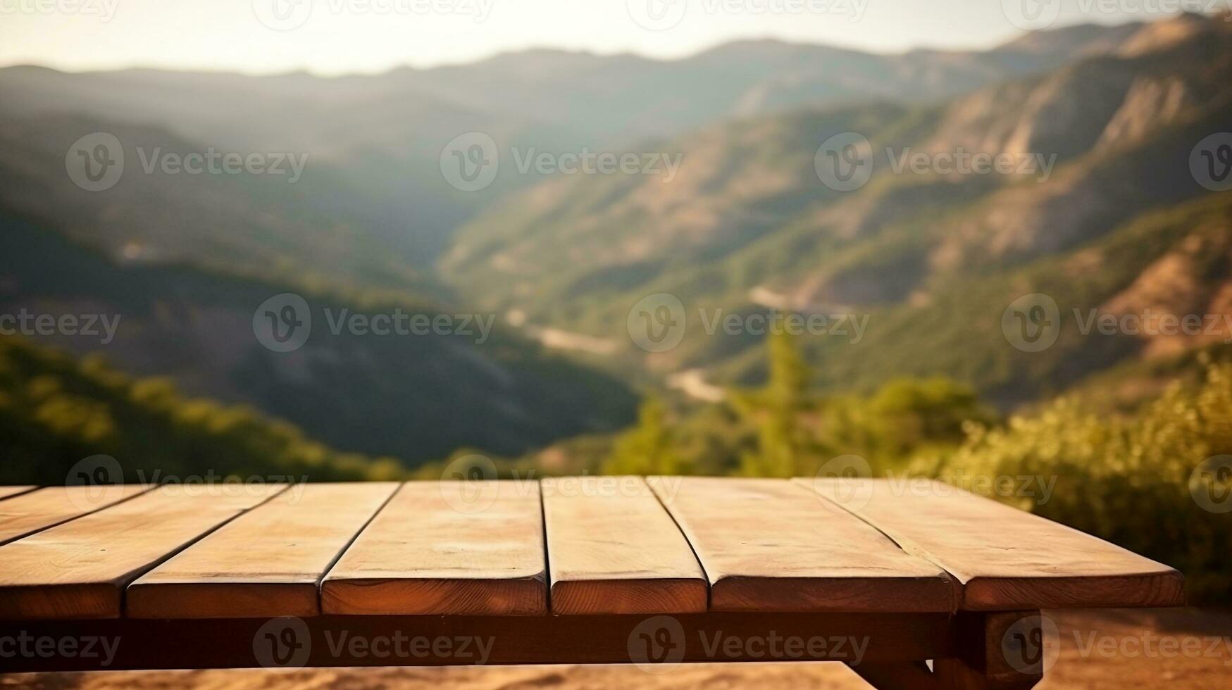 vuoto di legno tavolo per Prodotto Schermo con sfocato montagne sfondo. ai generativo foto