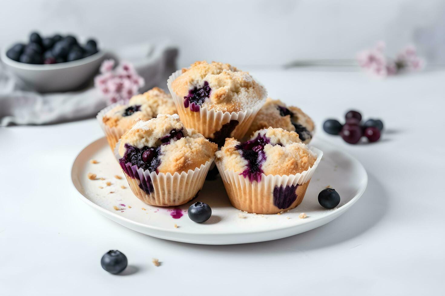 mirtillo muffin con fresco mirtilli su un' bianca tavolo, vicino su, leggero sfondo. un' delizioso dolce o prima colazione. ai generato. foto