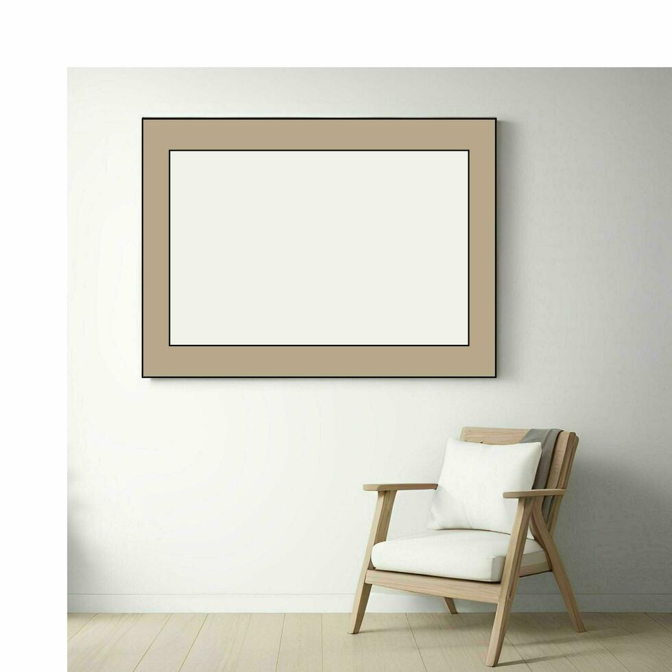 paesaggio lato vuoto telaio modello nel vivente camera, parete arredamento vuoto telaio nel moderno vivente camera, minimalista disegno, galleria parete vuoto telaio mattone sfondo foto