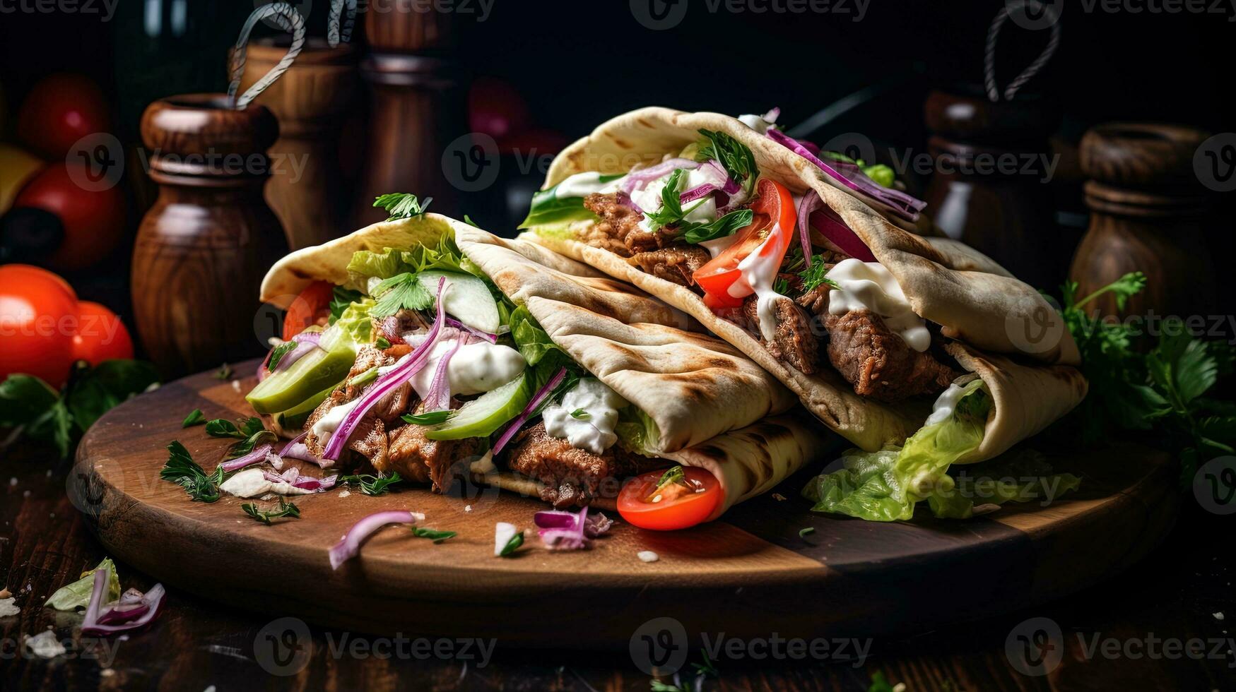 foto di greco giroscopi avvolto nel Pita pane con verdure e salsa su un' buio di legno sfondo, generato di ai