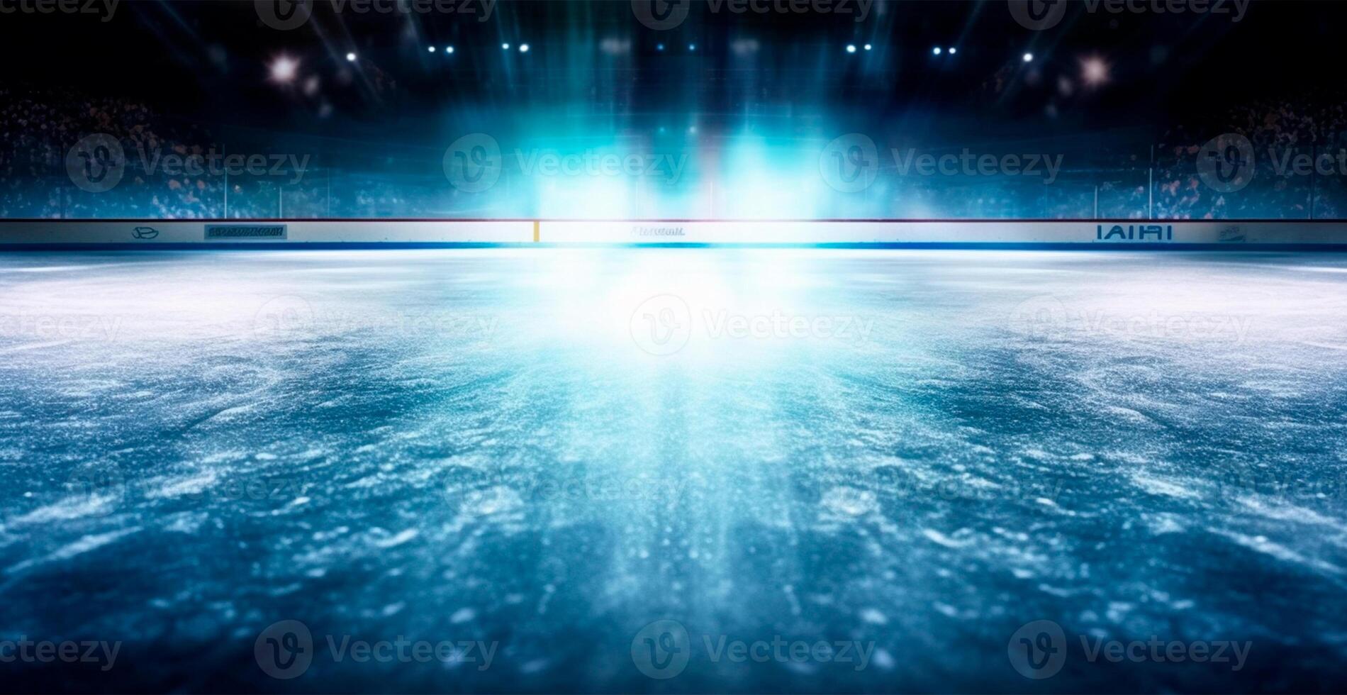 hockey stadio, vuoto gli sport arena con ghiaccio pista di pattinaggio, freddo sfondo con luminosa illuminazione - ai generato Immagine foto