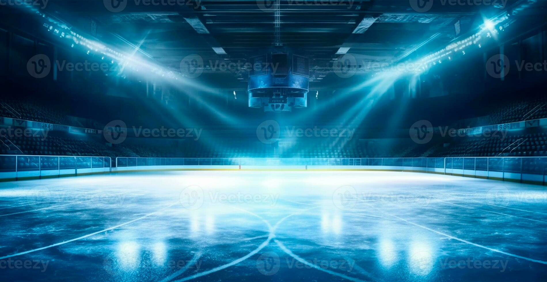 hockey stadio, vuoto gli sport arena con ghiaccio pista di pattinaggio, freddo sfondo con luminosa illuminazione - ai generato Immagine foto