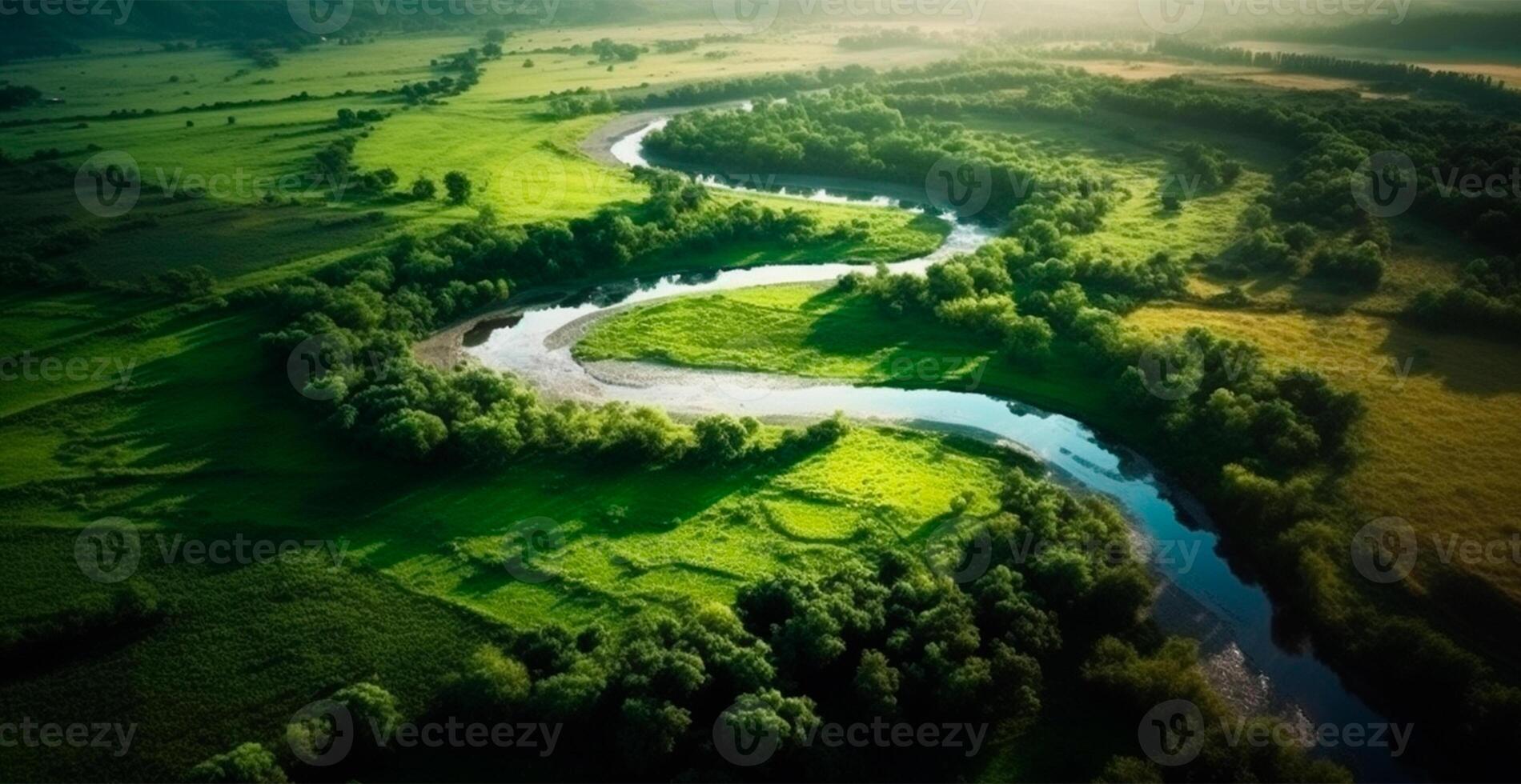 panoramico superiore Visualizza di un' avvolgimento fiume circondato di denso foresta e spazioso i campi con verde erba - ai generato Immagine foto