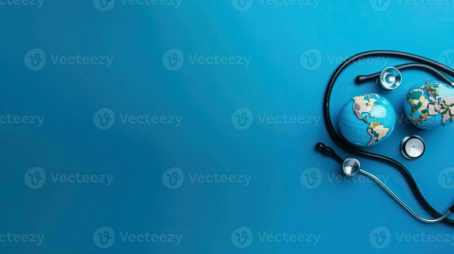 stetoscopio e miniatura terra su blu sfondo per mondo Salute giorno vendita striscione, ai generativo foto