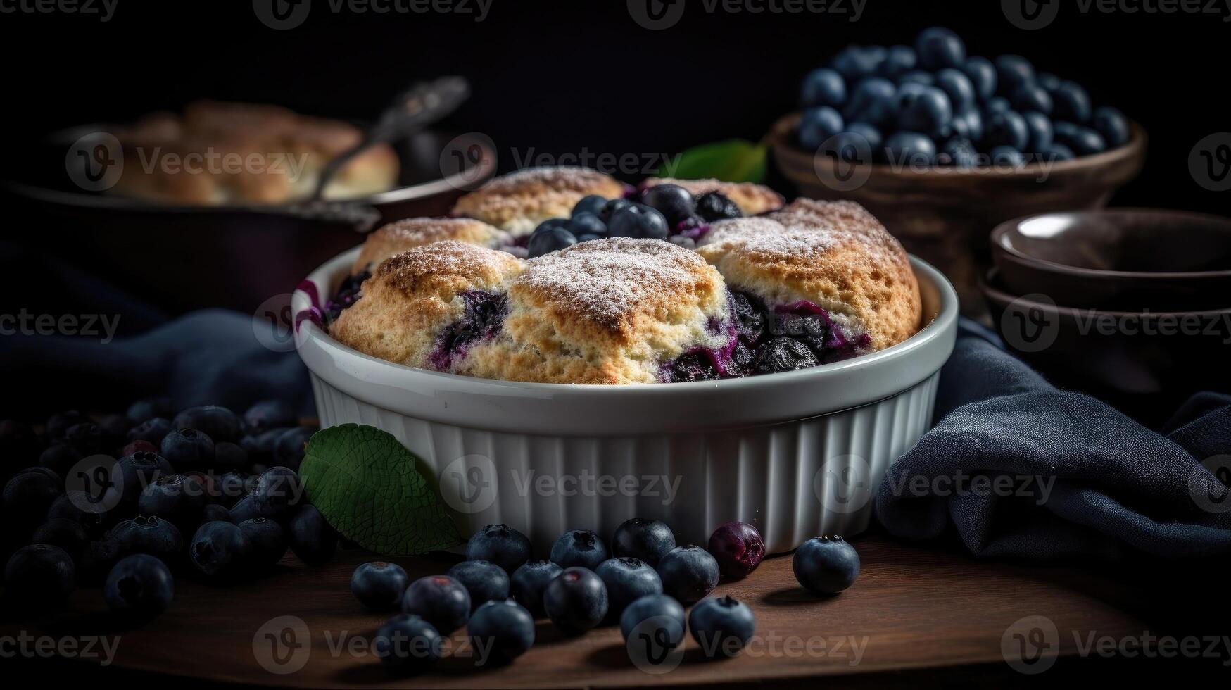 vicino su mirtillo ciabattino con mirtilli frutta su un' di legno tavolo con un' sfocato sfondo, ai generativo foto