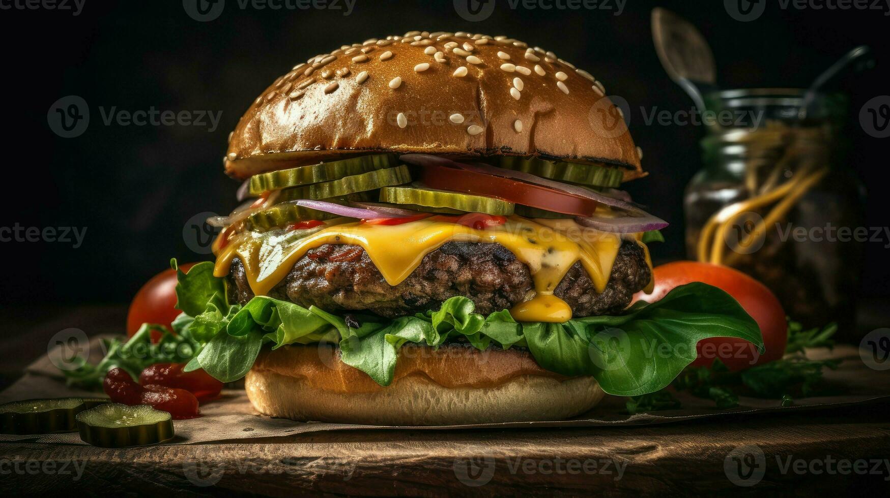 avvicinamento hamburger al formaggio su un' di legno piatto con un' sfocato sfondo, ai generativo foto