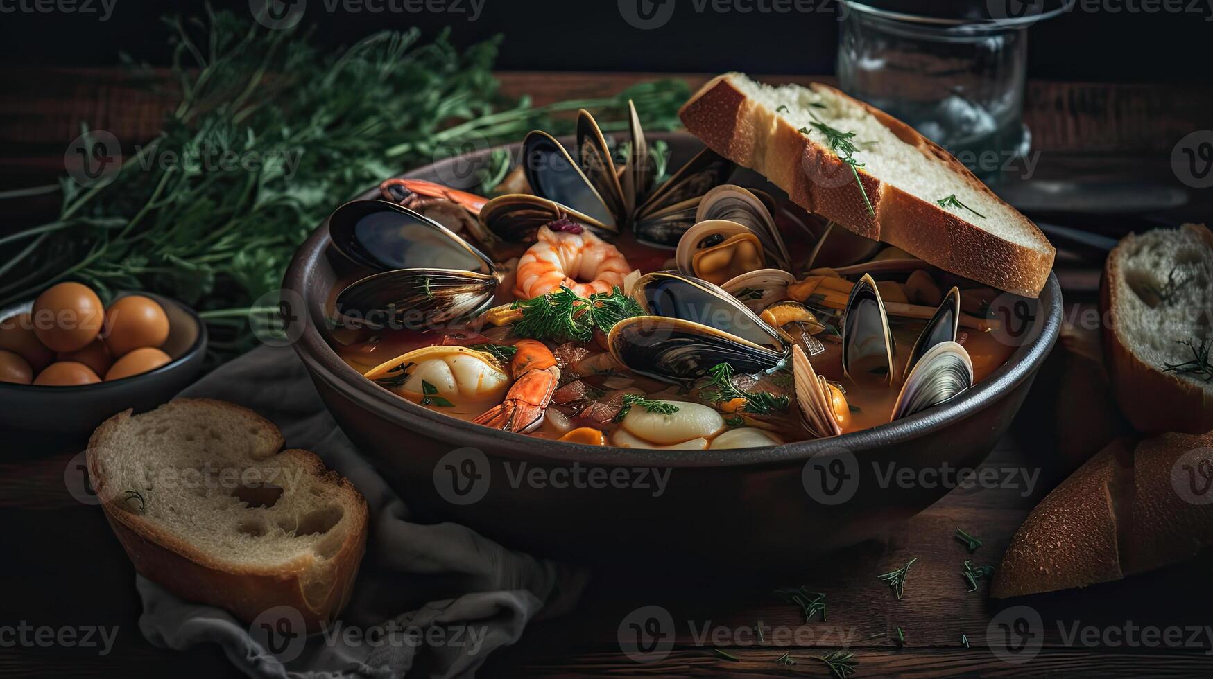 vicino su cioppino la minestra con mollusco carne su un' nero piatto e sfocatura sfondo, ai generativo foto