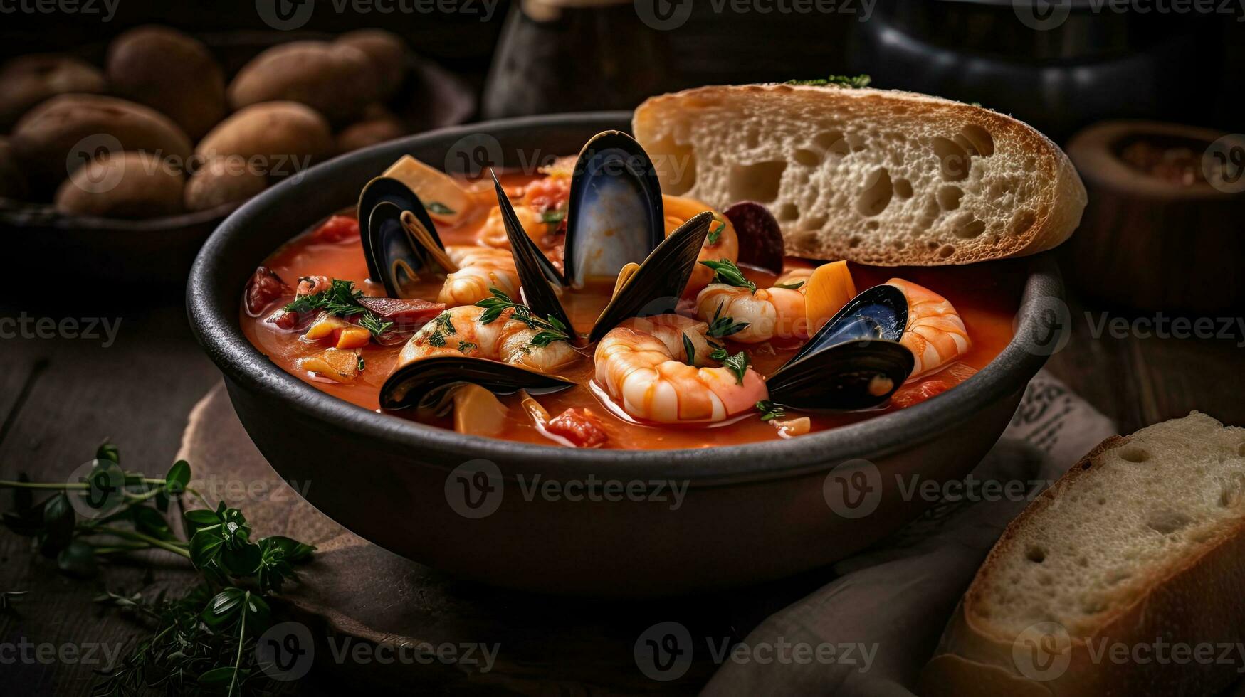 cioppino la minestra con mollusco carne su un' nero piatto e sfocatura sfondo, ai generativo foto