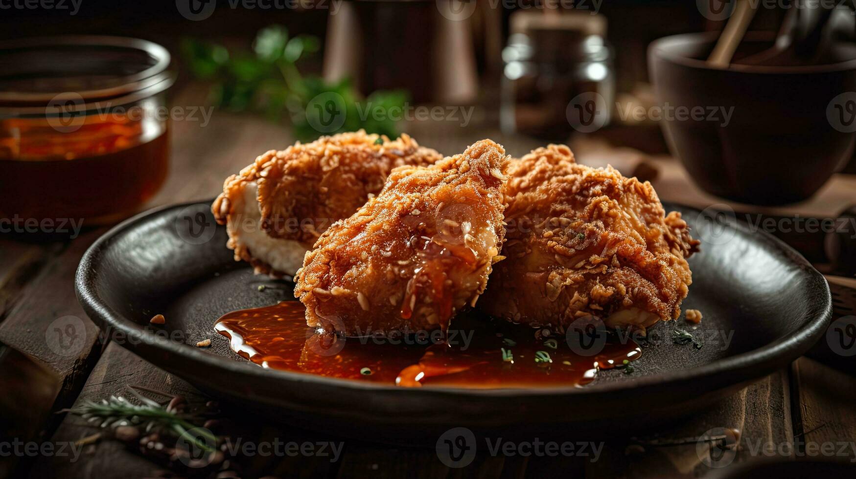 croccante fritte pollo su di legno tavolo con sfocatura sfondo, ai generativo foto