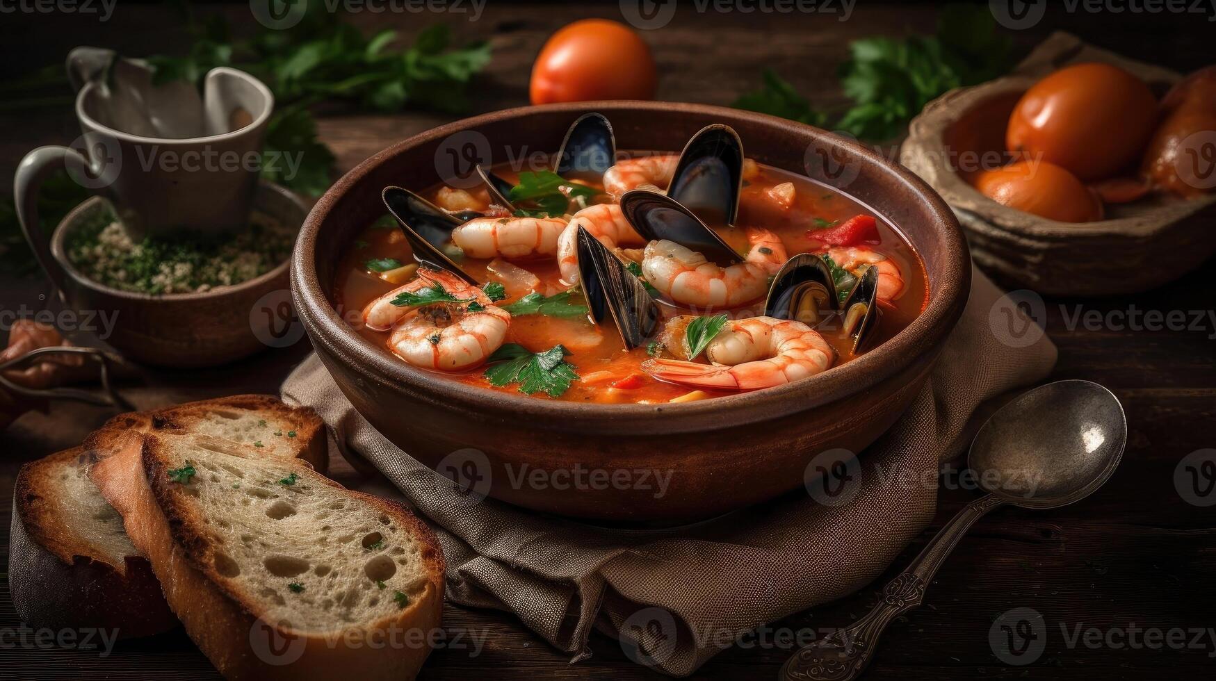 cioppino la minestra con mollusco carne su un' nero piatto e sfocatura sfondo, ai generativo foto