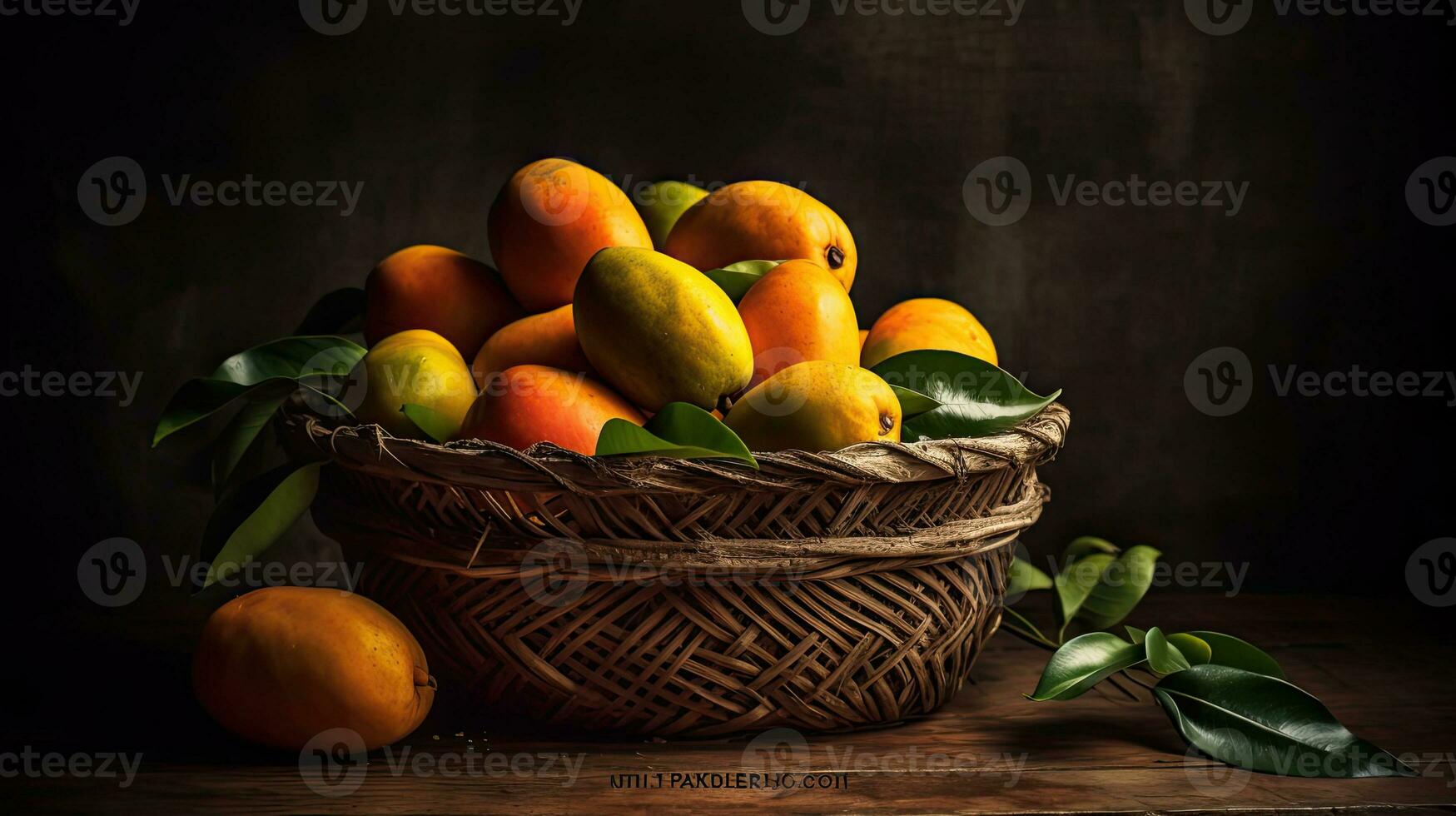 Mango frutta nel un' bambù cestino con sfocato sfondo, ai generativo foto