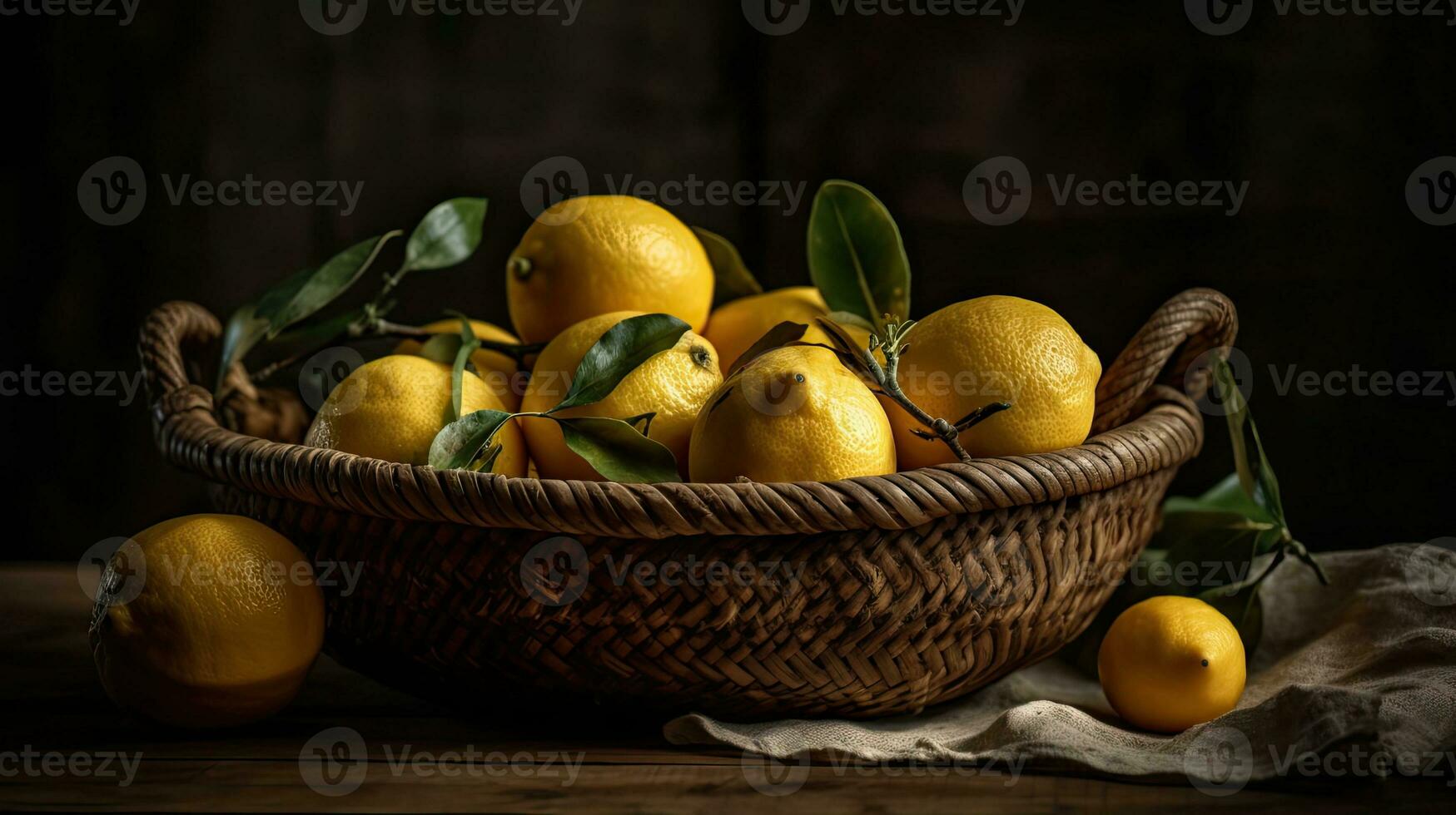avvicinamento fresco Limone nel un' bambù cestino con sfocato sfondo, ai generativo foto