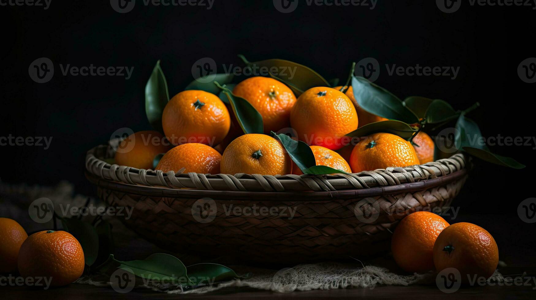 fresco mandarino nel un' bambù cestino con sfocato sfondo, ai generativo foto