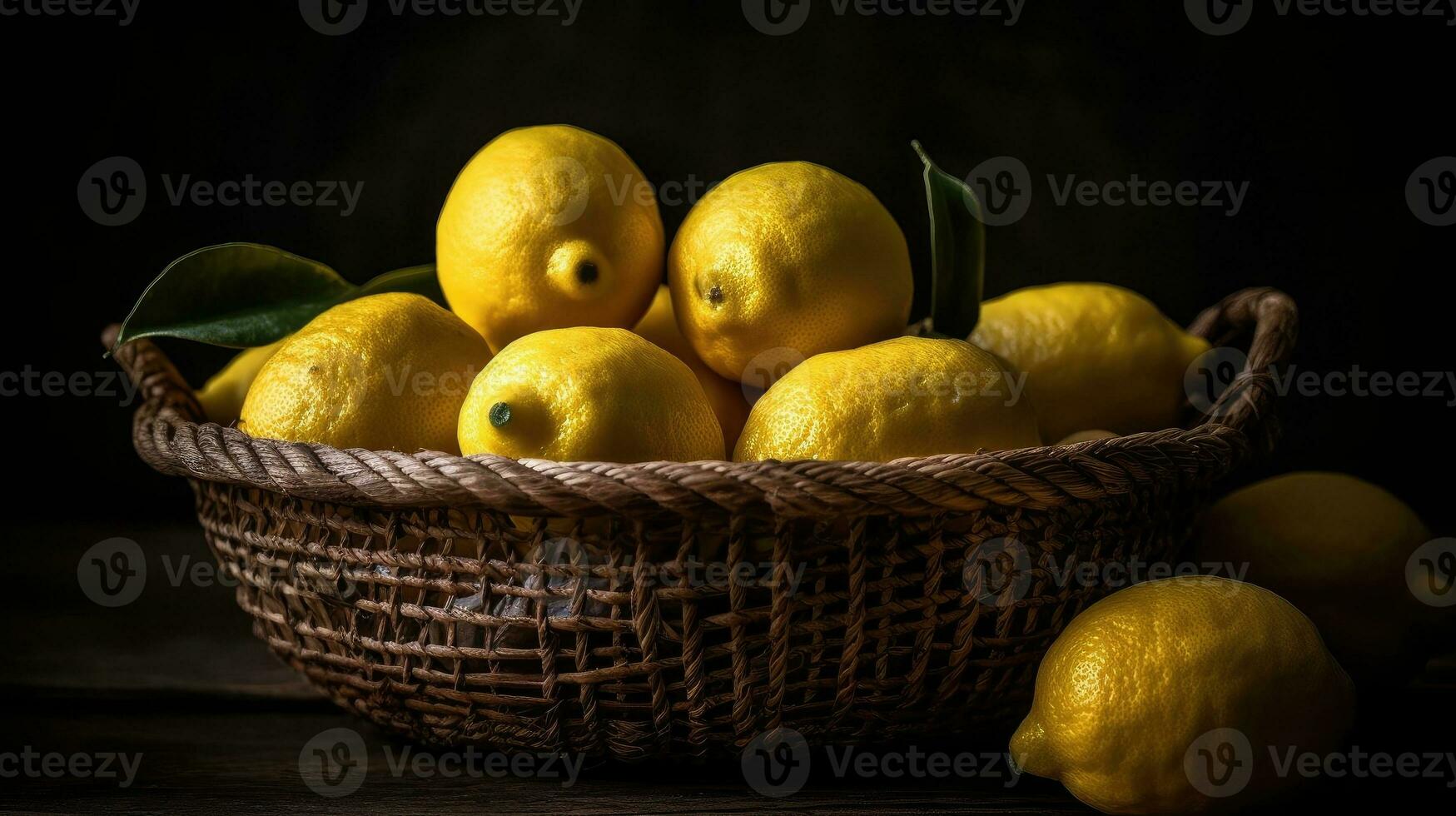 avvicinamento fresco Limone nel un' bambù cestino con sfocato sfondo, ai generativo foto