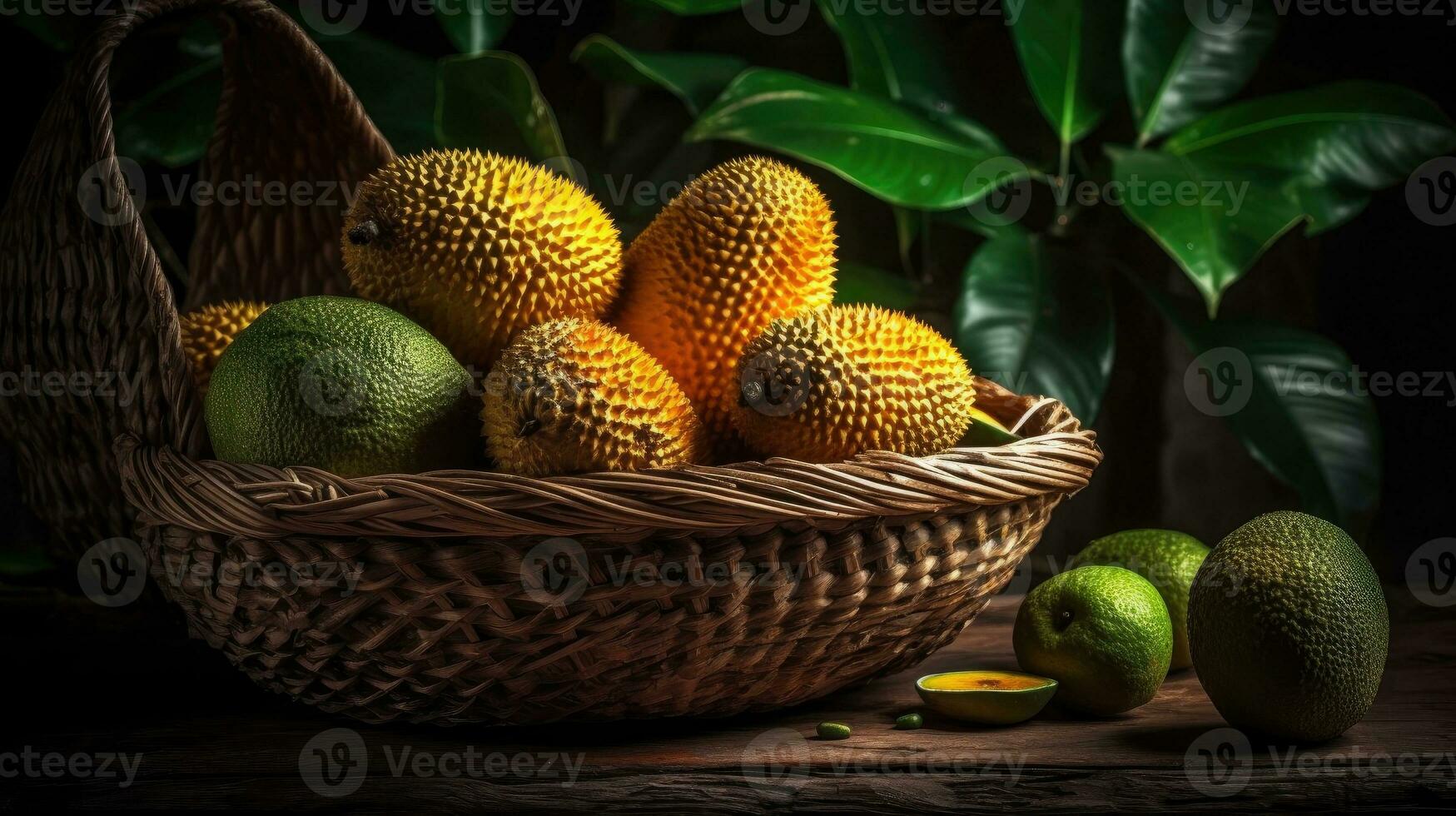 vicino su Jack frutta su bambù cestino con Jack frutta foglia ornamento e sfocato sfondo, ai generativo foto