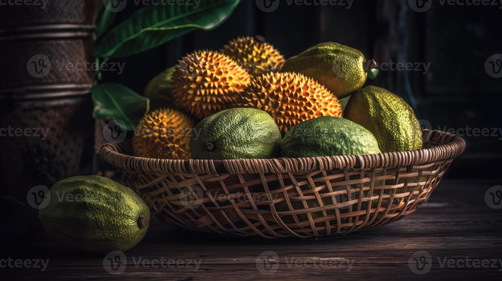 jackfruits su bambù cestino con Jack frutta foglia ornamento e sfocato sfondo, ai generativo foto