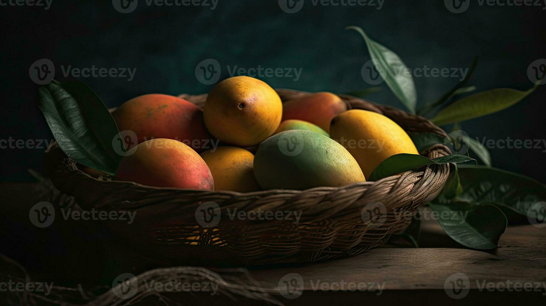 fresco Mango frutta nel un' bambù cestino con sfocato sfondo, ai generativo foto