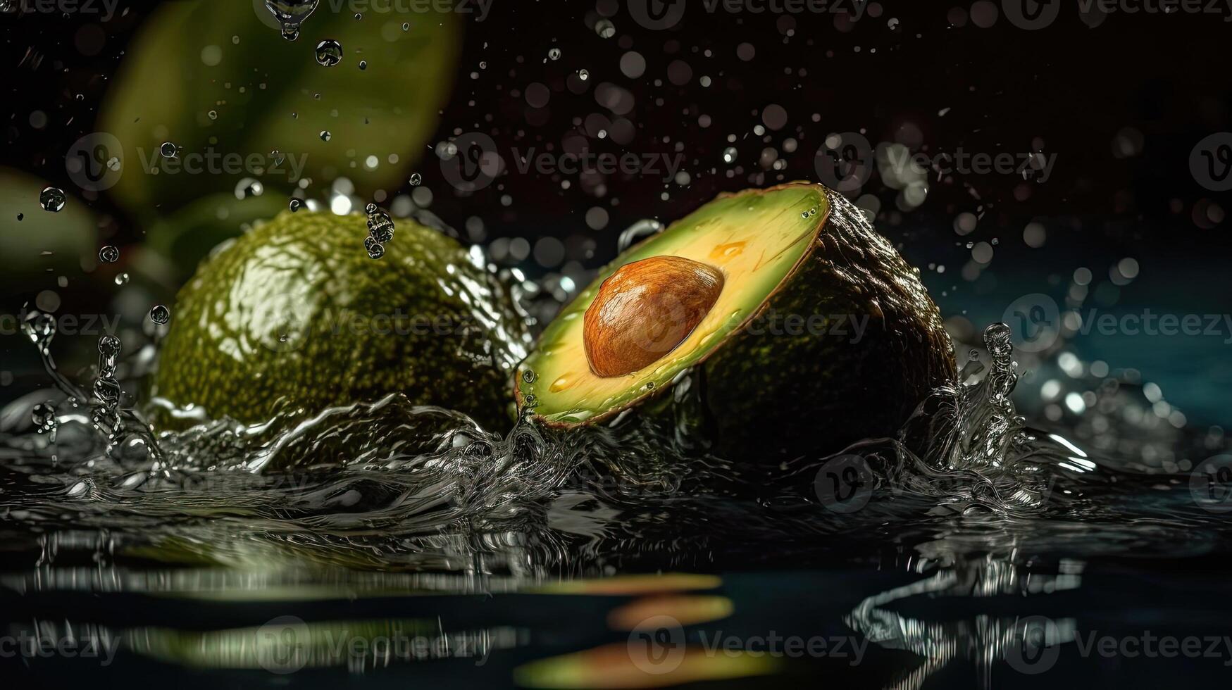 verde avocado frutta colpire di spruzzi di acqua con nero sfocatura sfondo e Perfetto visualizzazione angolo, ai generativo foto