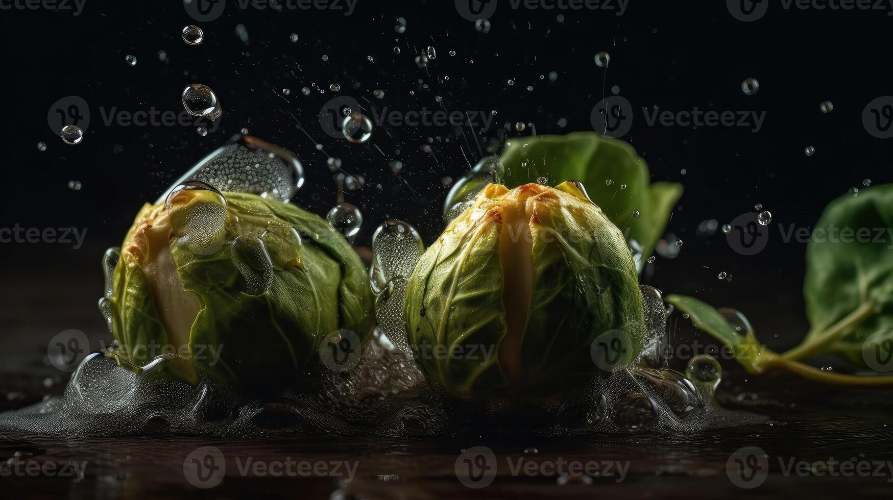 Bruxelles germogli colpire di spruzzi di acqua con nero sfocatura sfondo e Perfetto visualizzazione angolo, ai generativo foto