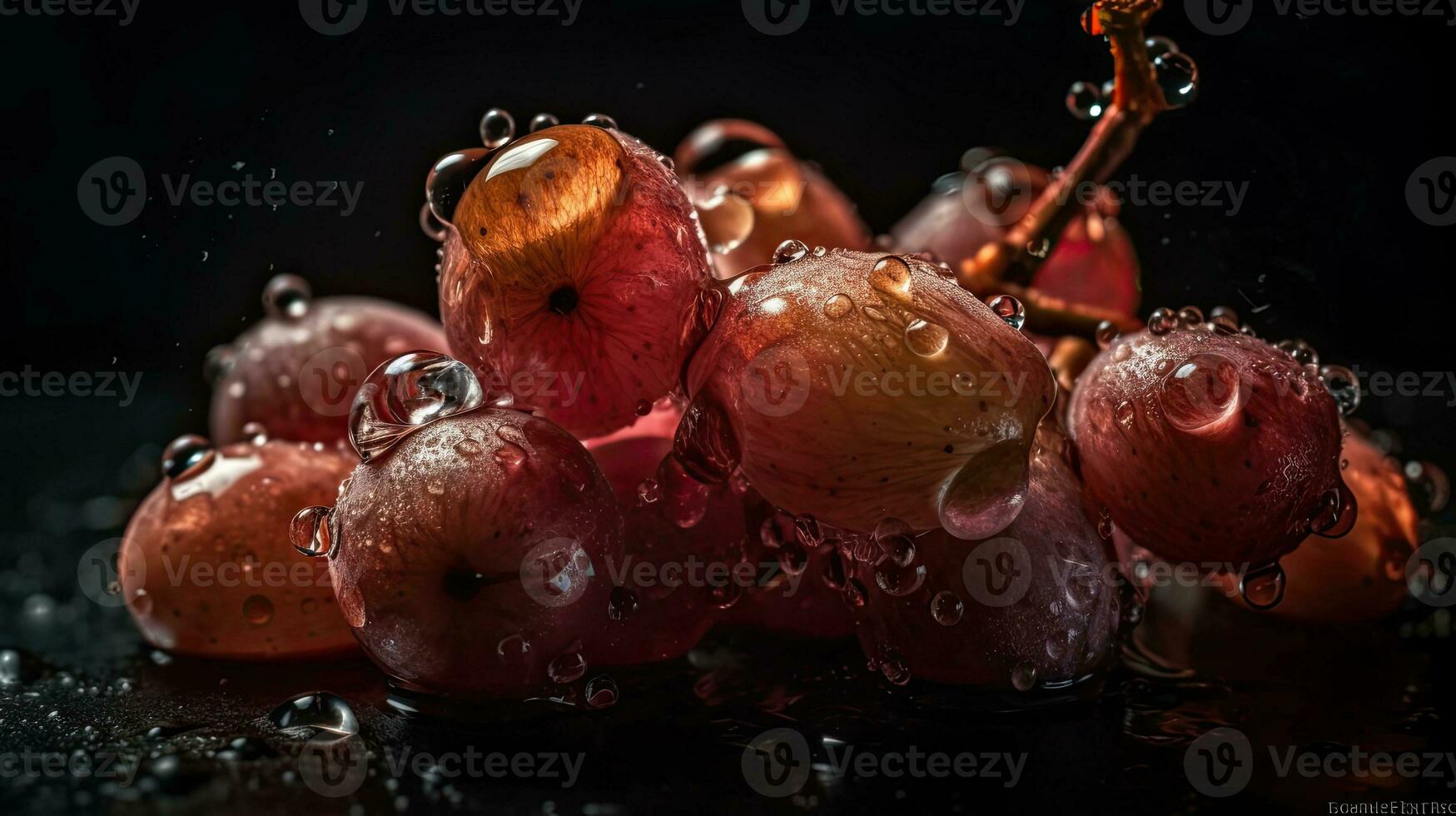 uva frutta colpire di spruzzi di acqua con nero sfocatura sfondo, ai generativo foto
