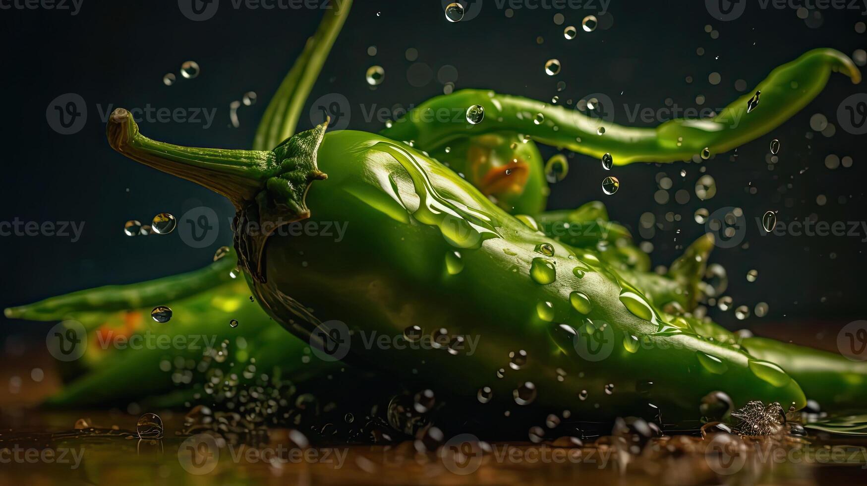 verde chili colpire di spruzzi di acqua con nero sfocatura sfondo, ai generativo foto