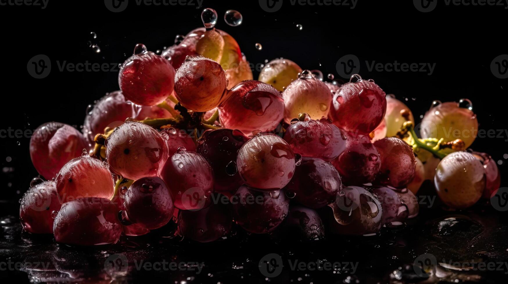 fresco uva frutta colpire di spruzzi di acqua con nero sfocatura sfondo, ai generativo foto