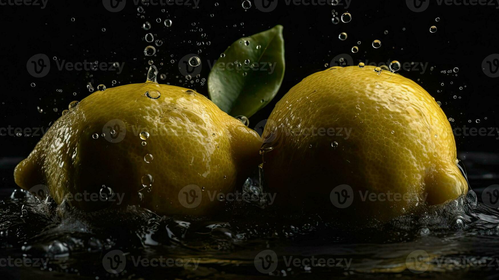 fresco Limone colpire di spruzzi di acqua con nero sfocatura sfondo, ai generativo foto