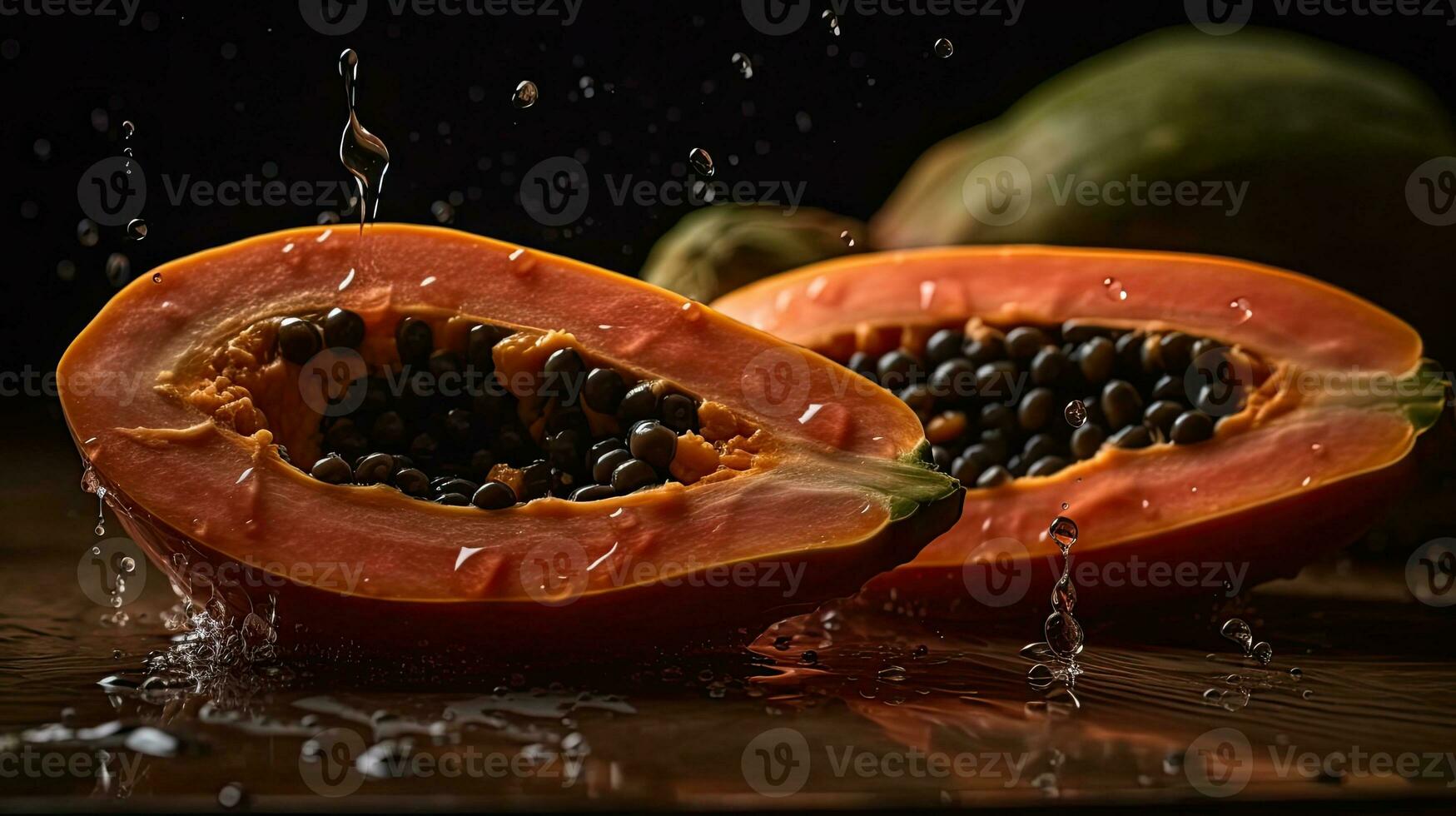 papaia colpire di spruzzi di acqua con nero sfocatura sfondo, ai generativo foto