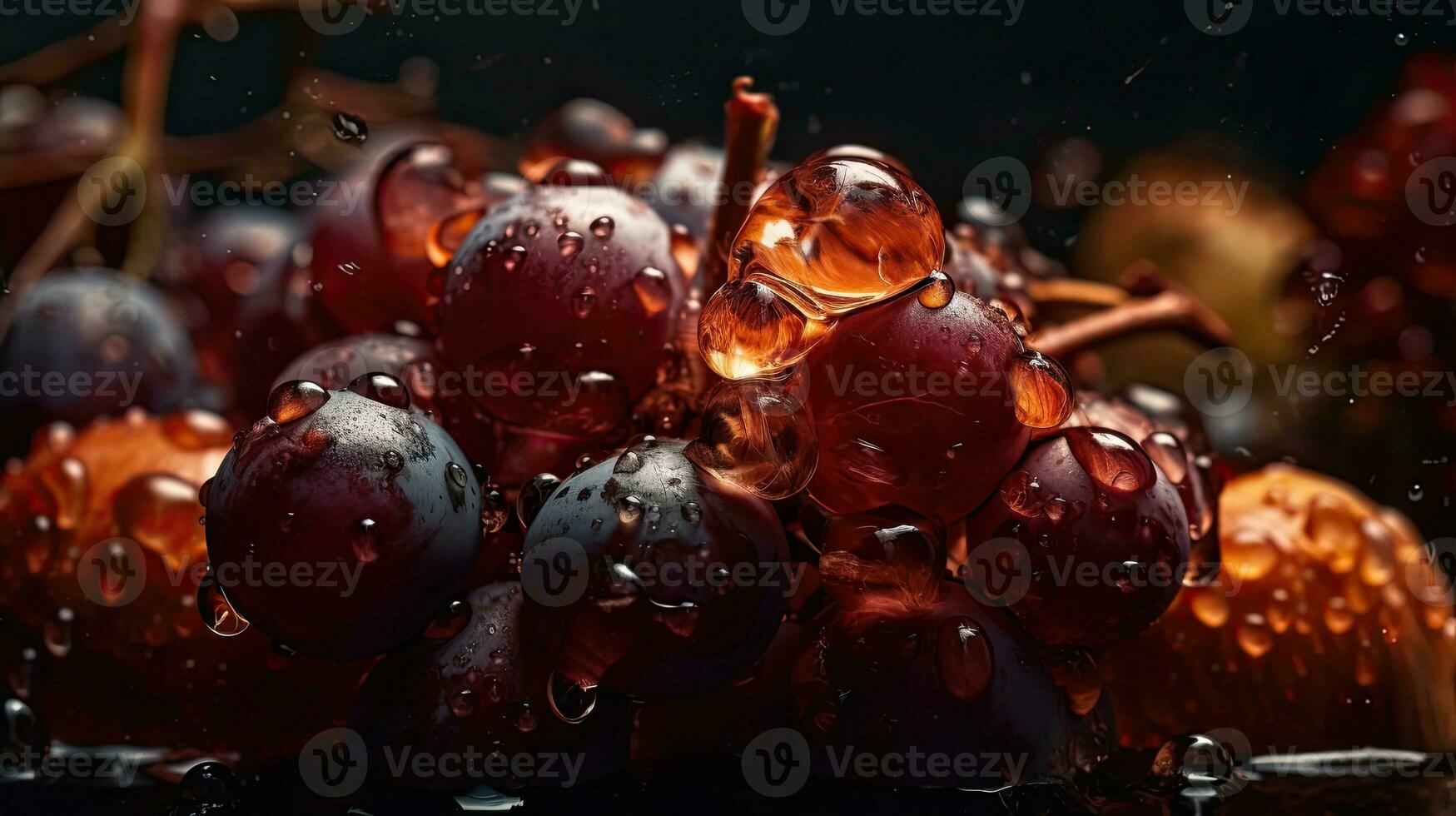 uva frutta colpire di spruzzi di acqua con nero sfocatura sfondo, ai generativo foto