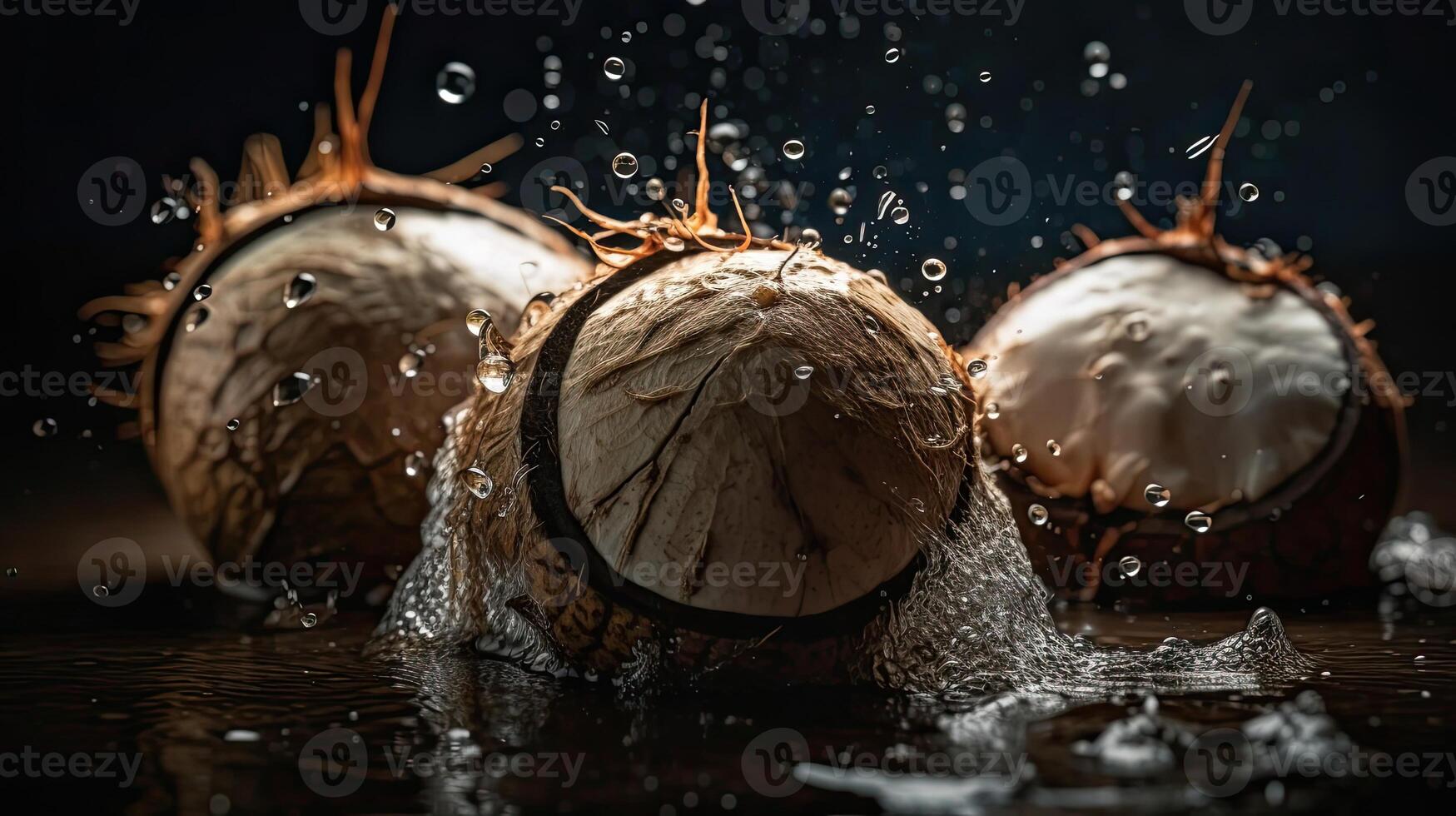 Noce di cocco frutta colpire di spruzzi di acqua con nero sfocatura sfondo, ai generativo foto