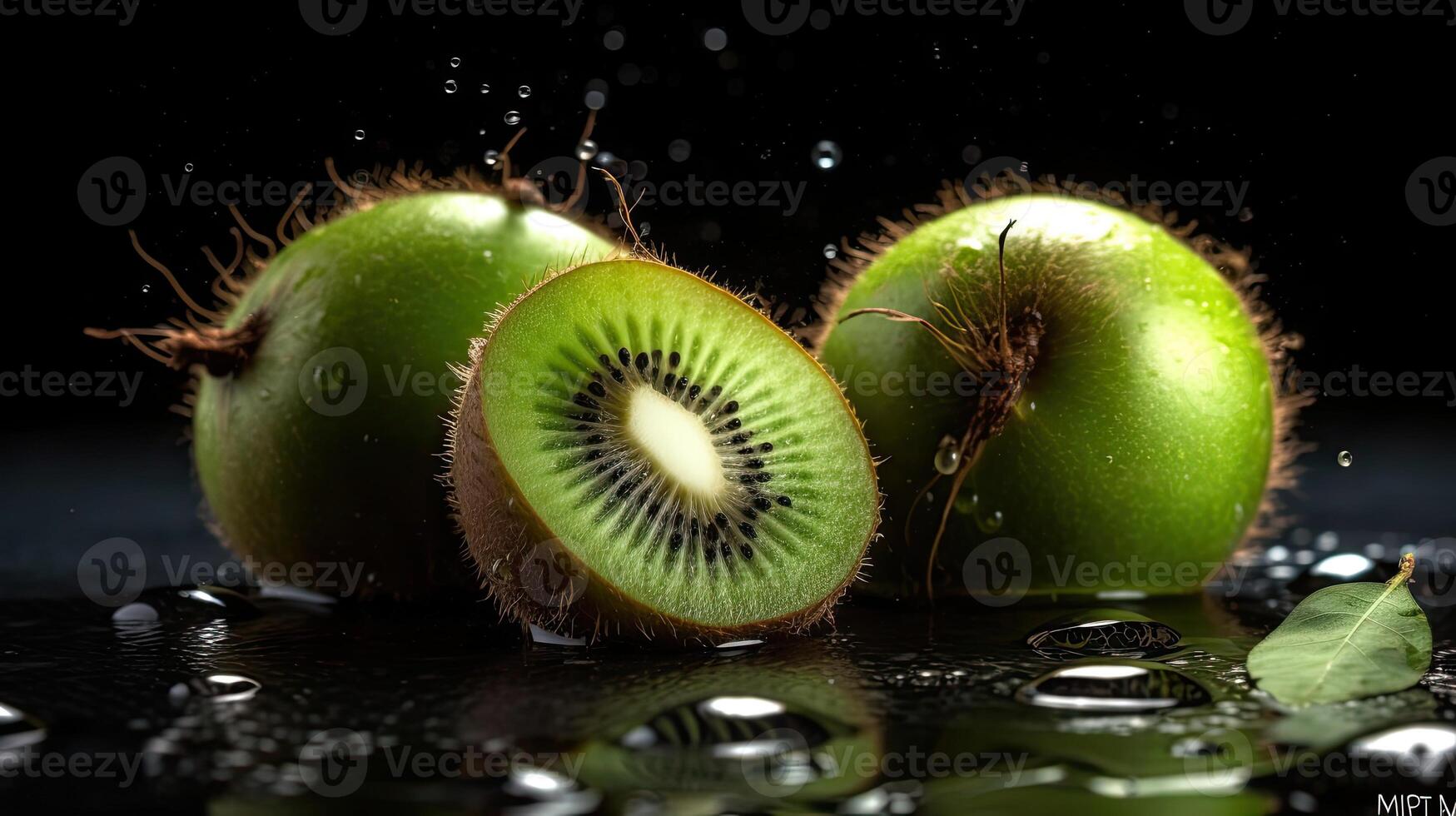 Kiwi colpire di spruzzi di acqua con nero sfocatura sfondo, ai generativo foto