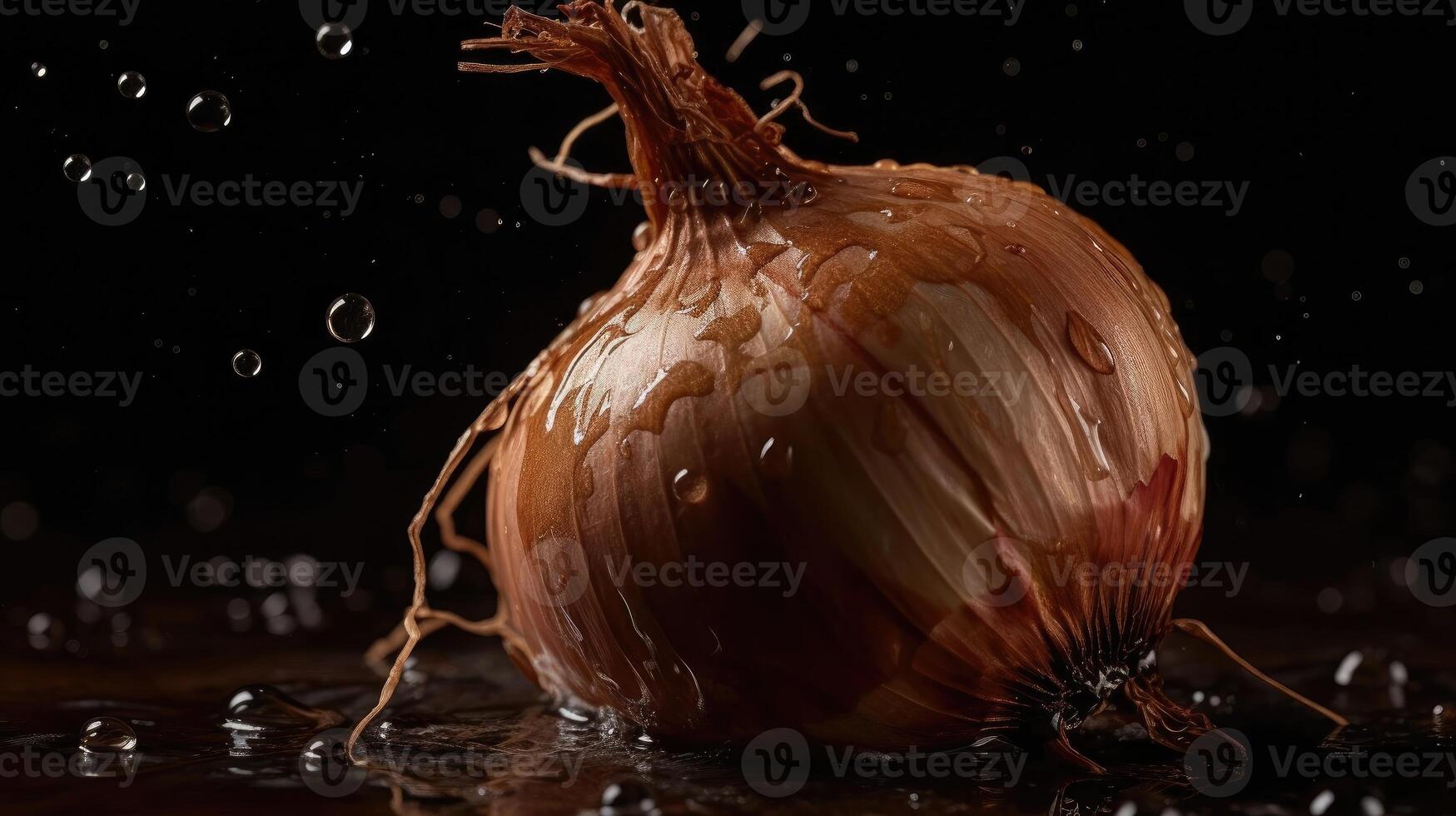 cipolla colpire di spruzzi di acqua con nero sfocatura sfondo, ai generativo foto