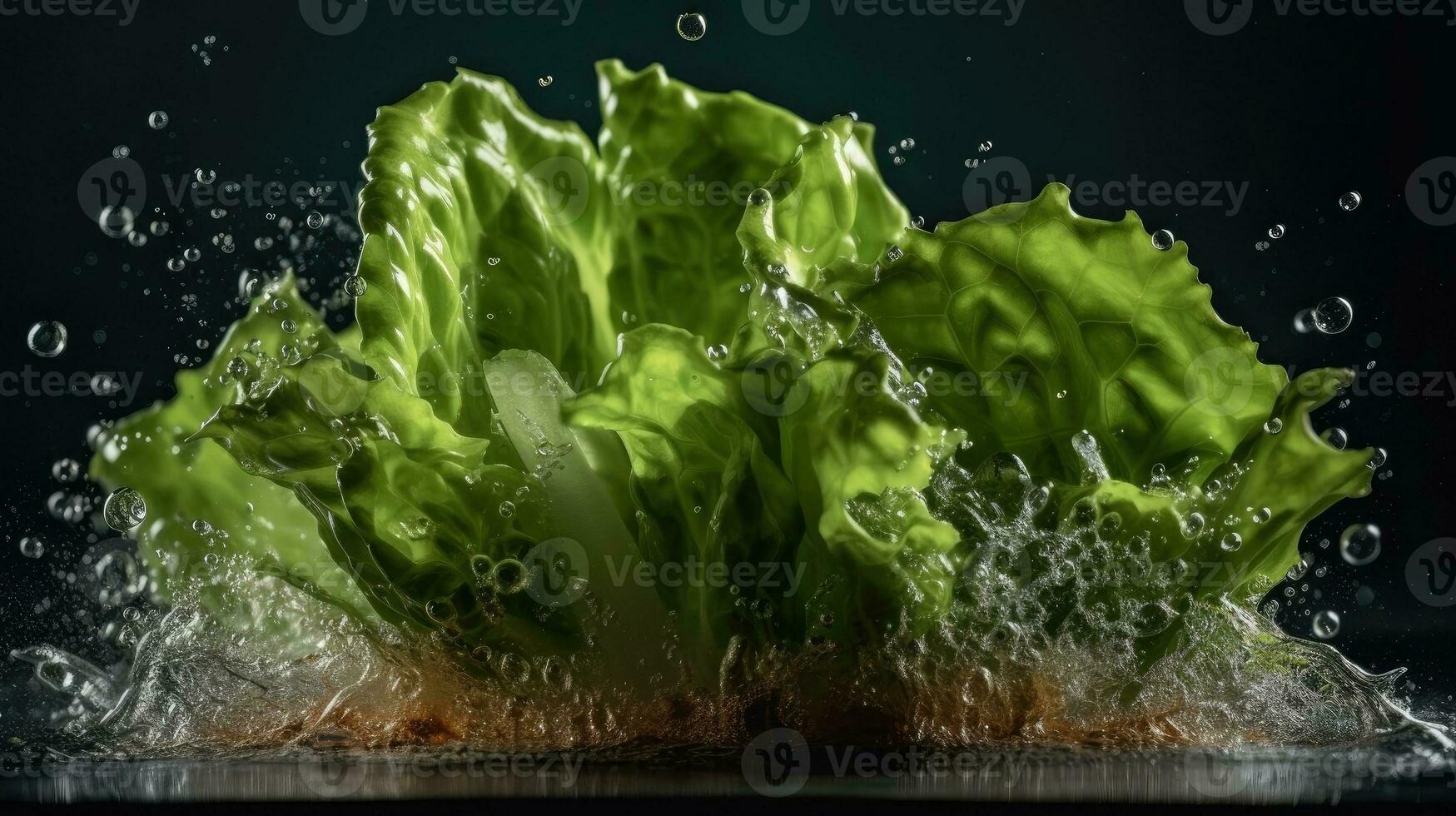 fresco verde lattuga colpire di spruzzi di acqua con nero sfocatura sfondo, ai generativo foto