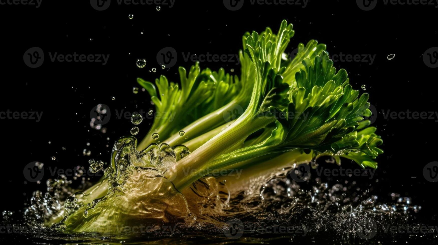 sedano verdura colpire di spruzzi di acqua con nero sfocatura sfondo, ai generativo foto