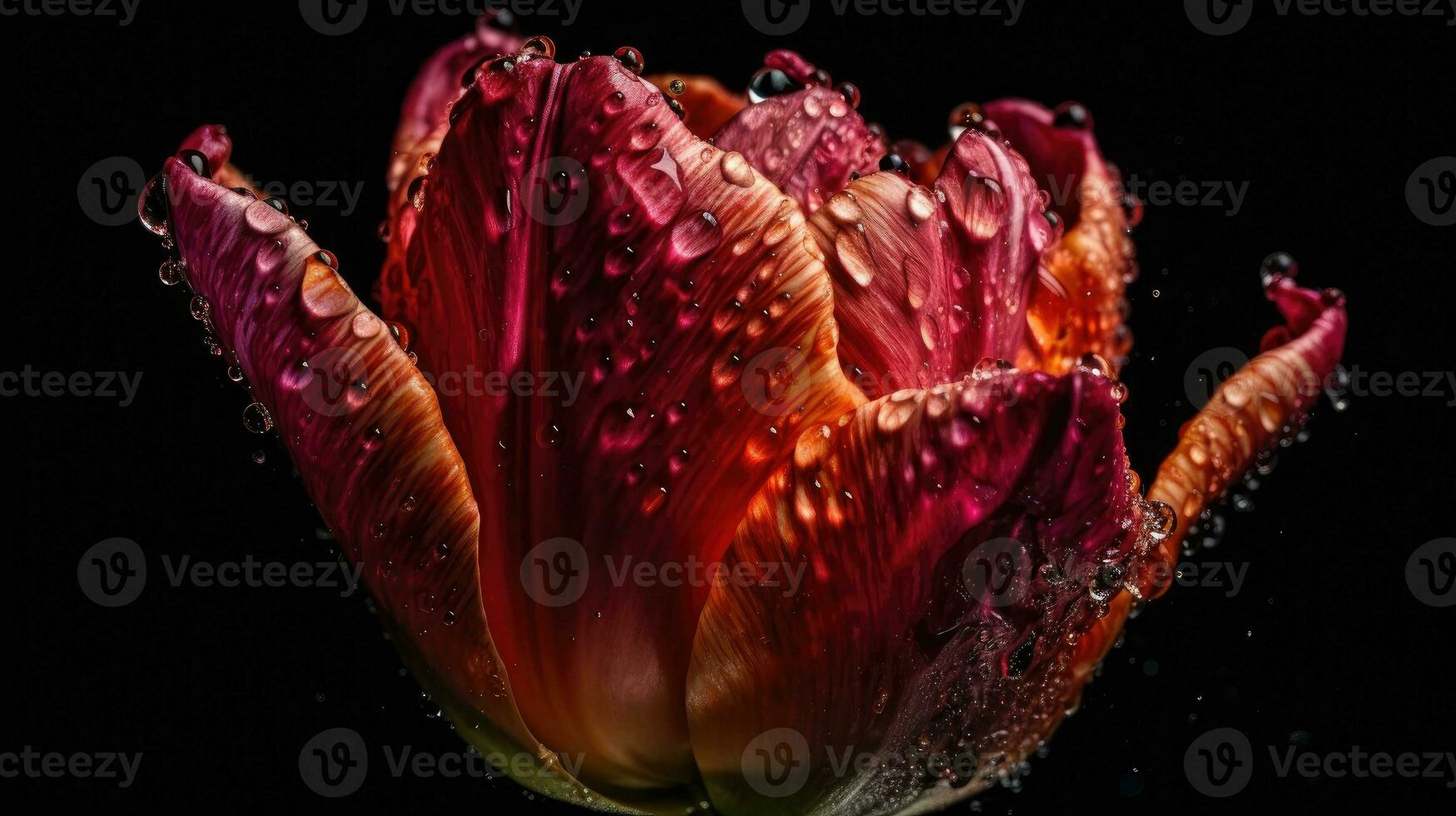 tulipani fiori colpire di spruzzi di acqua con nero sfocatura sfondo, ai generativo foto