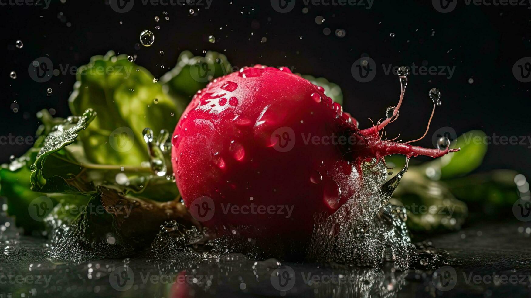 ravanello con verde foglia colpire di spruzzi di acqua con nero sfocatura sfondo, ai generativo foto