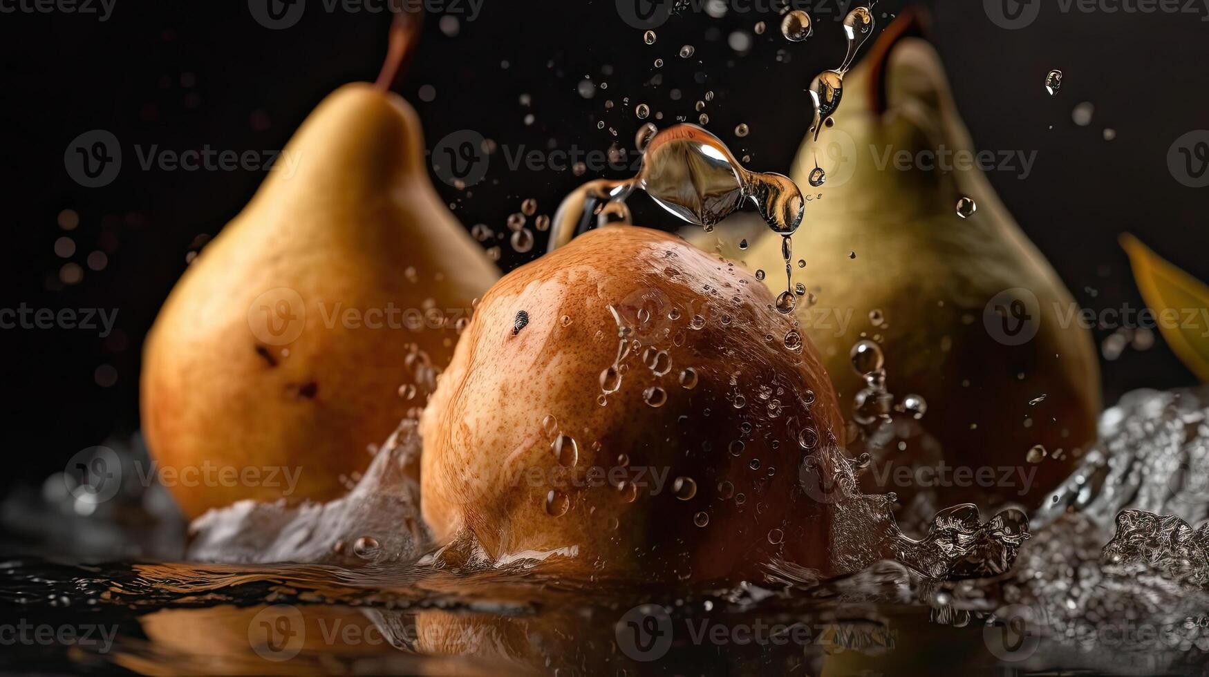 avvicinamento di Pera frutta colpire di spruzzi di acqua con nero sfocatura sfondo, ai generativo foto