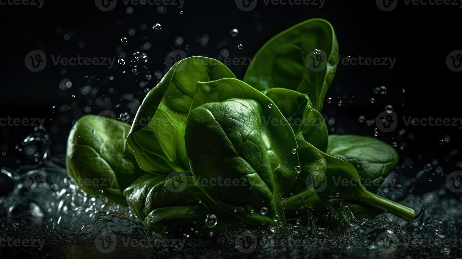 avvicinamento fresco verde spinaci colpire di spruzzi di acqua con nero sfocatura sfondo, ai generativo foto