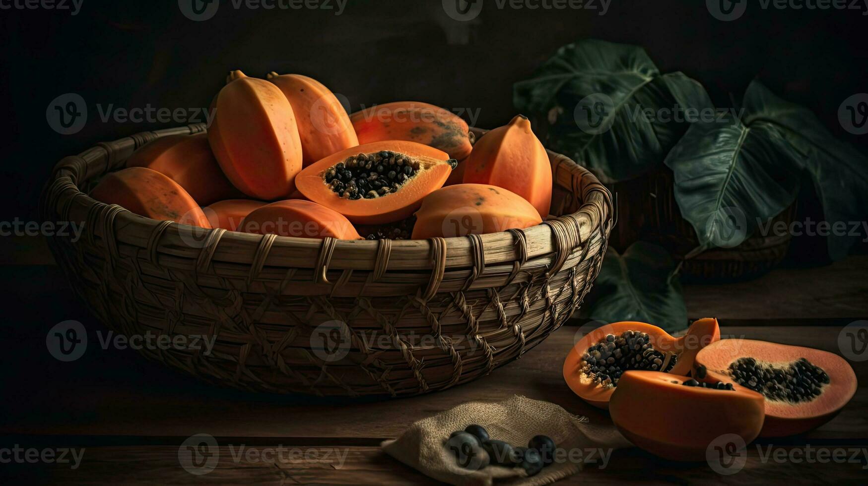 fresco papaia frutta nel un' bambù cestino con sfocatura sfondo, ai generativo foto