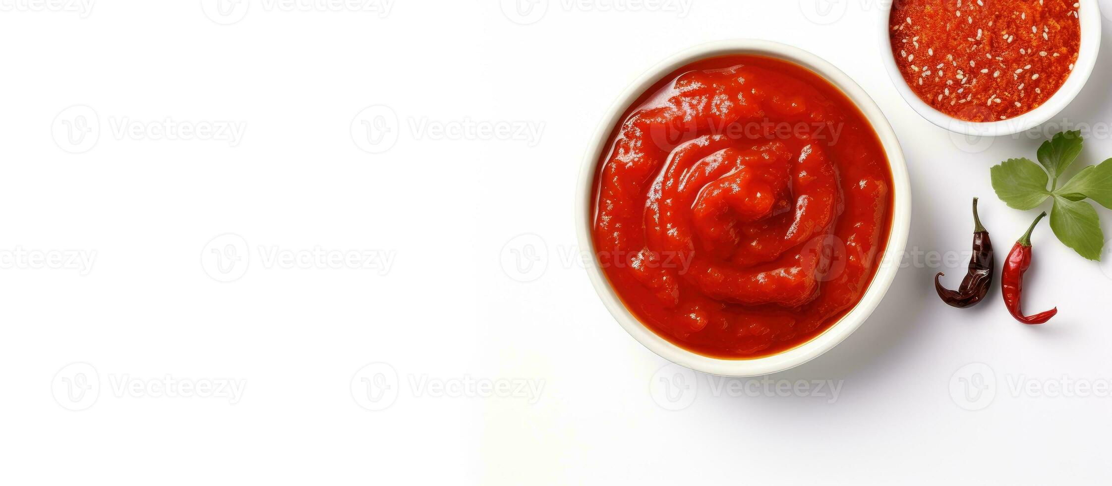 foto di Due ciotole pieno con vivace rosso salsa, Perfetto per aggiungendo un' scoppiare di colore e gusto per qualunque piatto con copia spazio