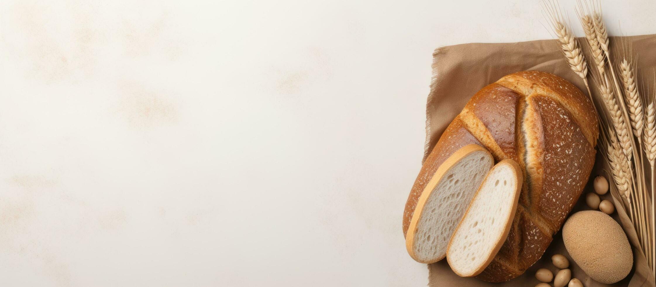 foto di un' pagnotta di pane seduta su superiore di un' Borsa con ampio copia spazio con copia spazio