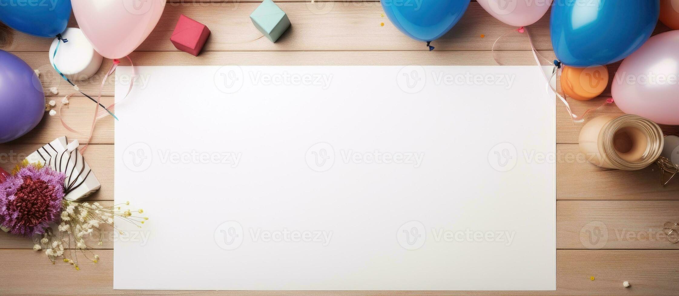 foto di un' vuoto bianca foglio di carta circondato di colorato palloncini e coriandoli con copia spazio