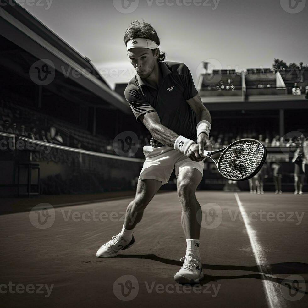 focalizzata giovane maschio tennis giocatore colpire un' dritto. tennis giocatore giocando un' incontro su difficile Tribunale, ai generativo foto